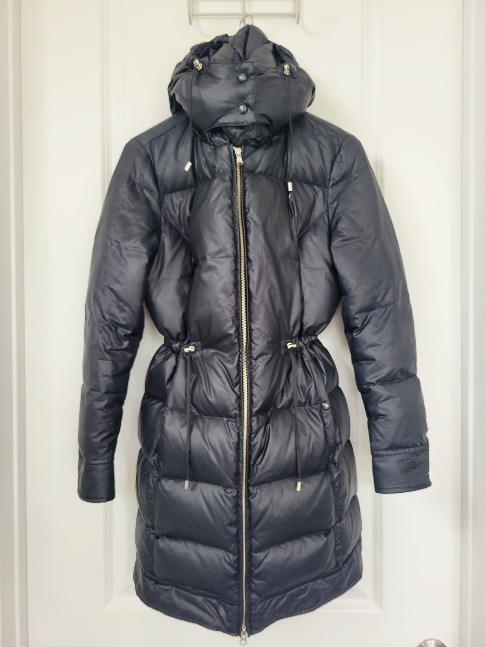 Rainforest Goose Down Hooded Puffer Coat with Waist Drawstring Navy M